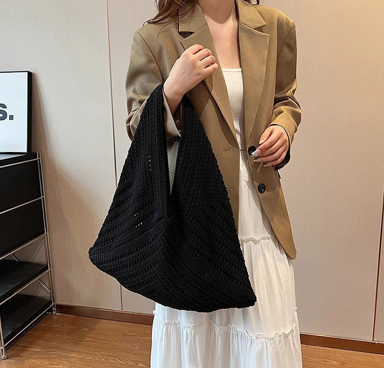 Black Solid Two Handles Handheld Bag