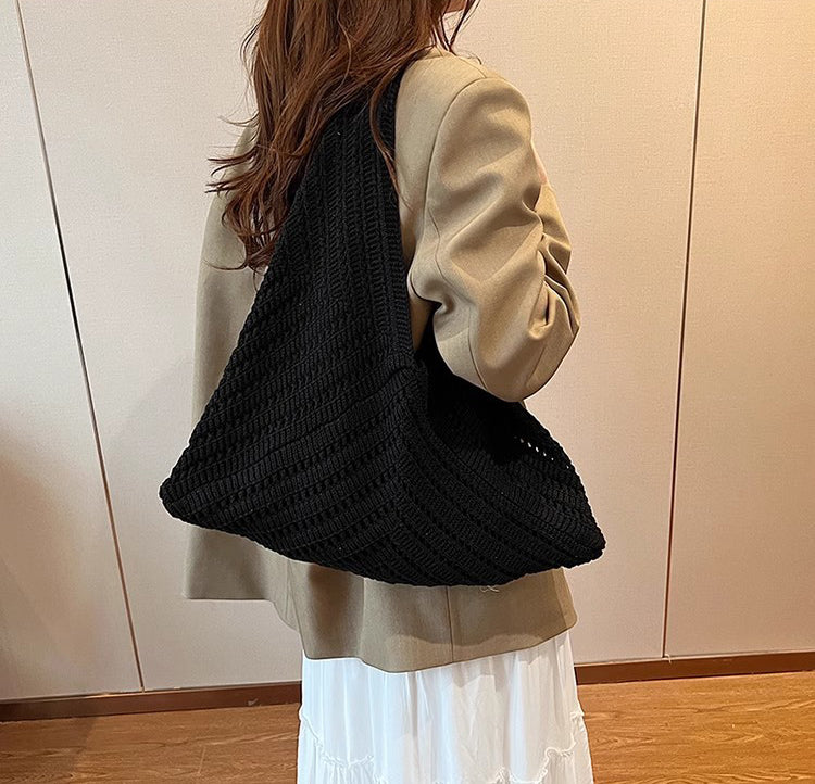 Black Solid Two Handles Handheld Bag