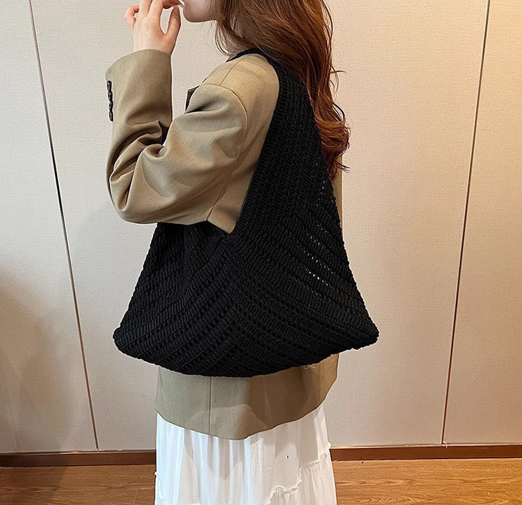 Black Solid Two Handles Handheld Bag
