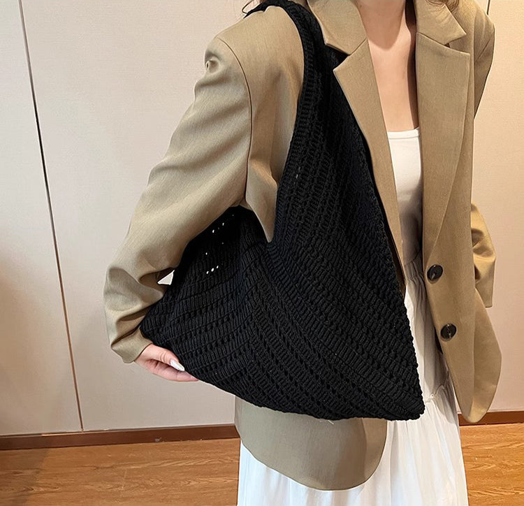 Black Solid Two Handles Handheld Bag