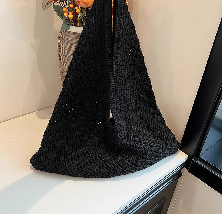 Black Solid Two Handles Handheld Bag