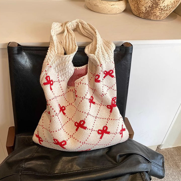 Off White Printed Two Handles Handheld Bag