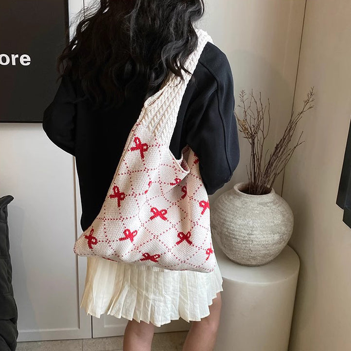 Off White Printed Two Handles Handheld Bag