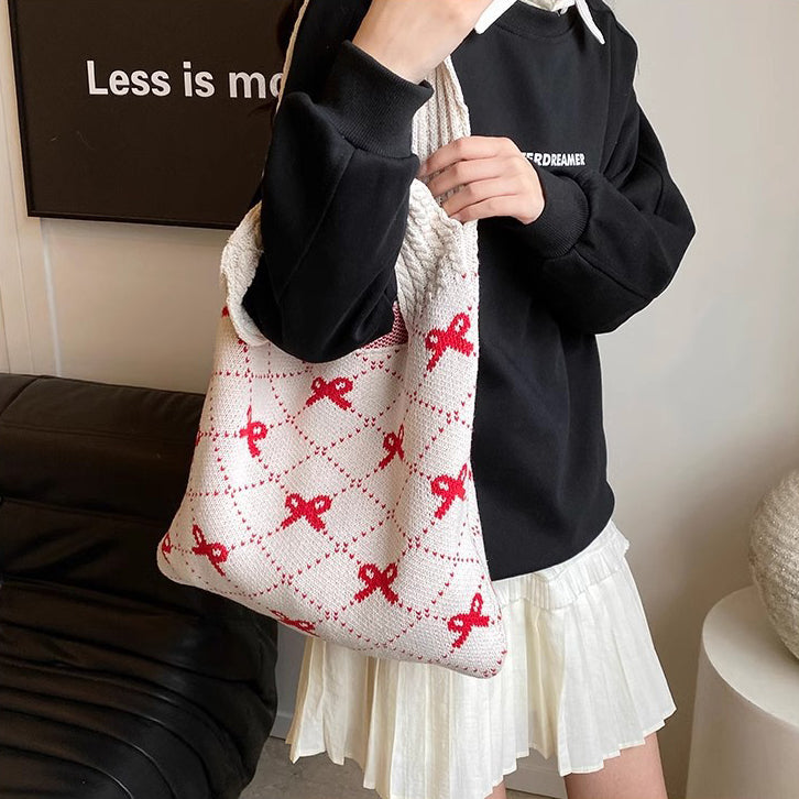 Off White Printed Two Handles Handheld Bag