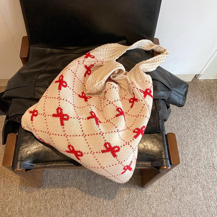 Off White Printed Two Handles Handheld Bag