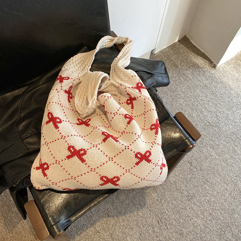 Off White Printed Two Handles Handheld Bag