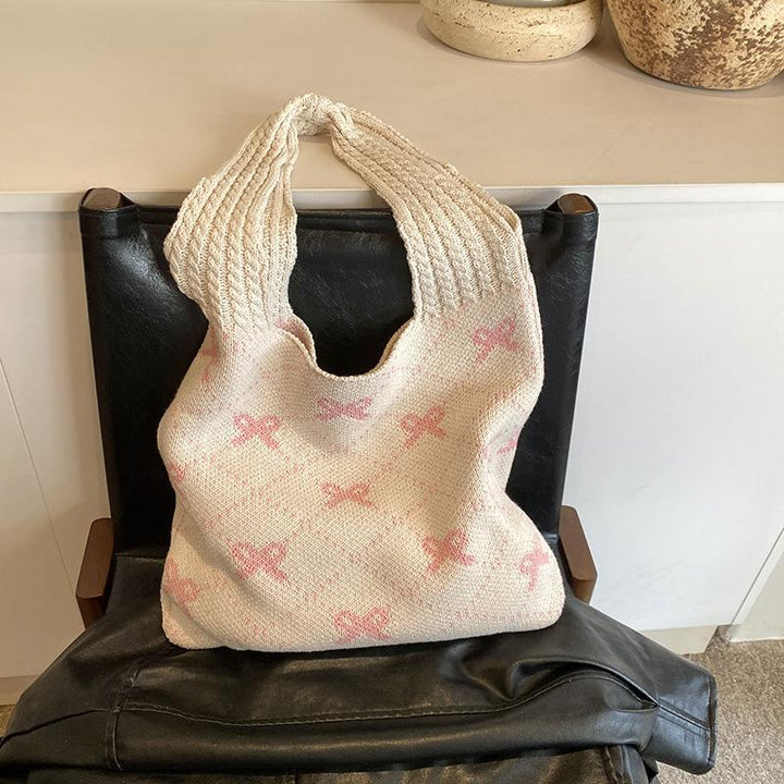 Off White Printed Two Handles Handheld Bag
