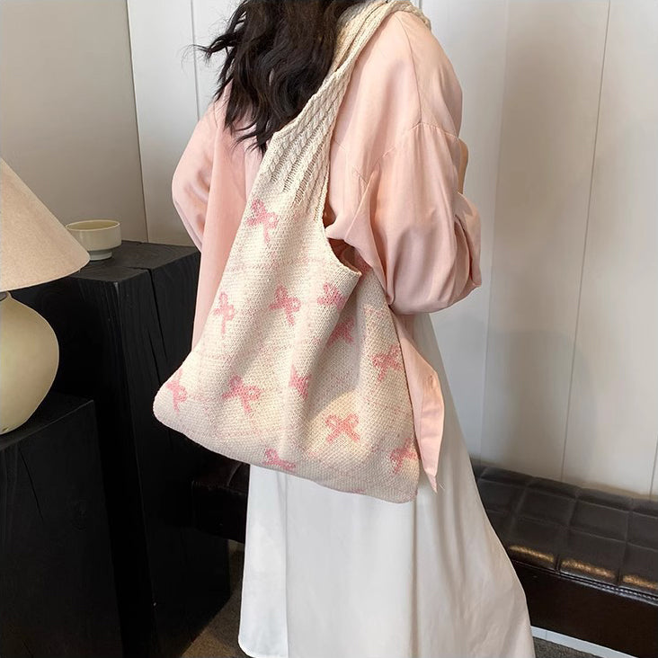 Off White Printed Two Handles Handheld Bag