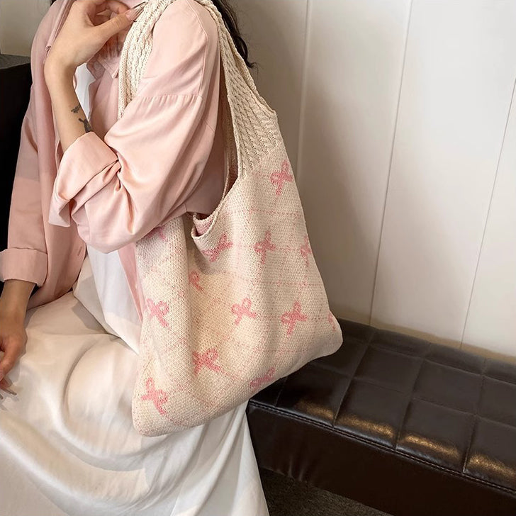 Off White Printed Two Handles Handheld Bag