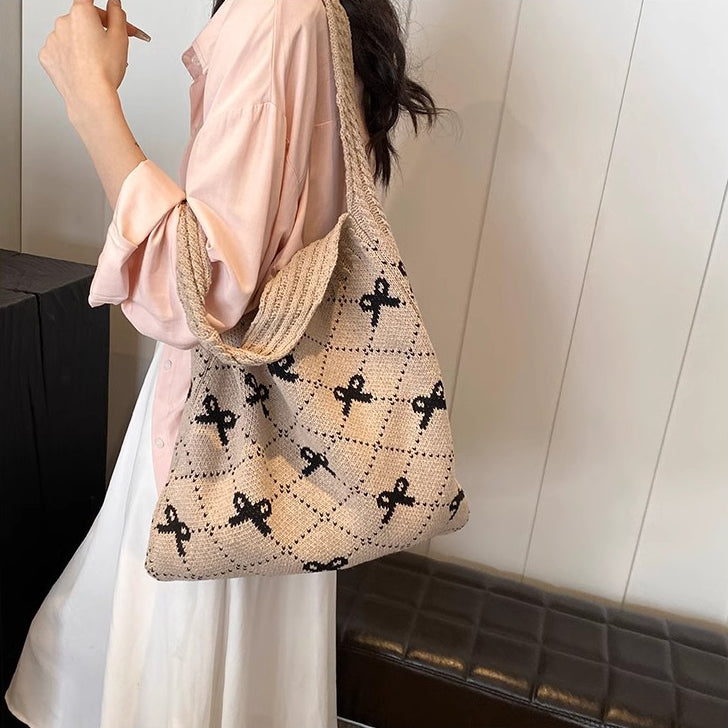 Khaki Printed Two Handles Handheld Bag