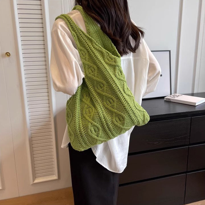 Green Solid Two Handles Handheld Bag