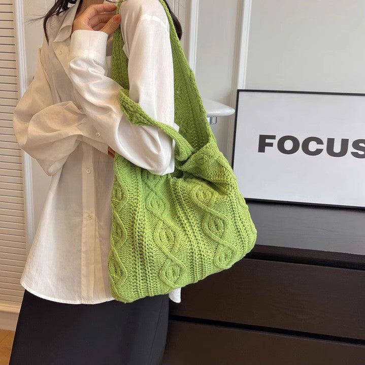 Green Solid Two Handles Handheld Bag