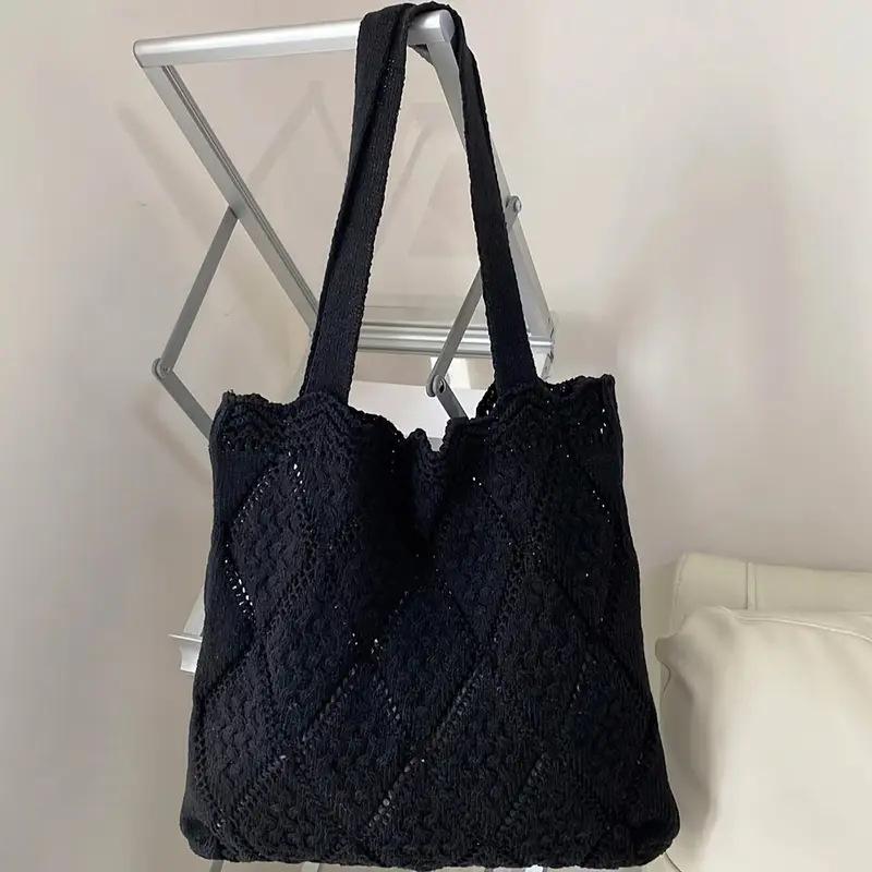 Black Solid Two Handles Handheld Bag