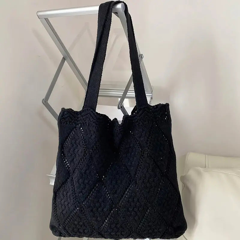 Black Solid Two Handles Handheld Bag