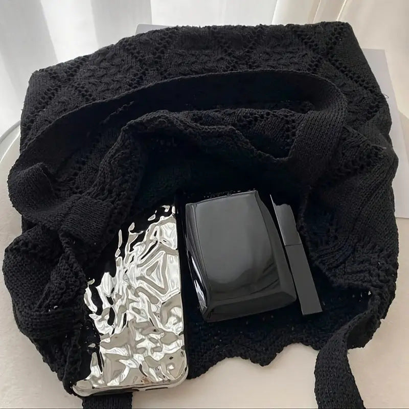 Black Solid Two Handles Handheld Bag
