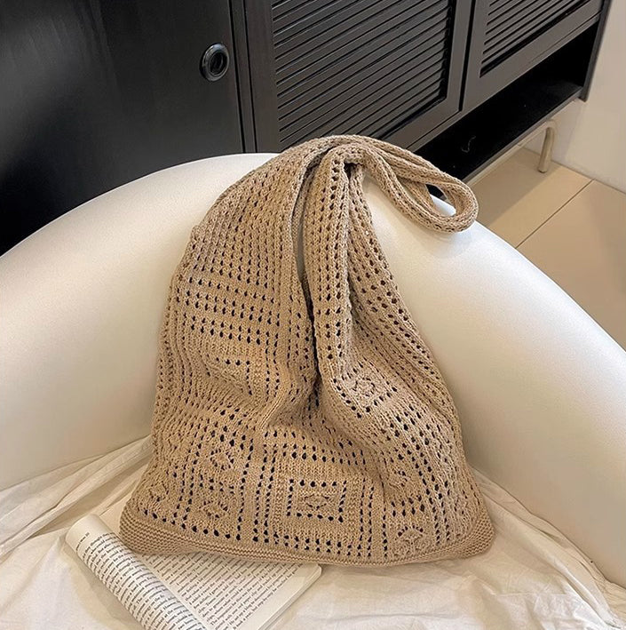 Khaki Solid Two Handles Handheld Bag