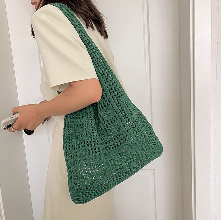 Green Solid Two Handles Handheld Bag
