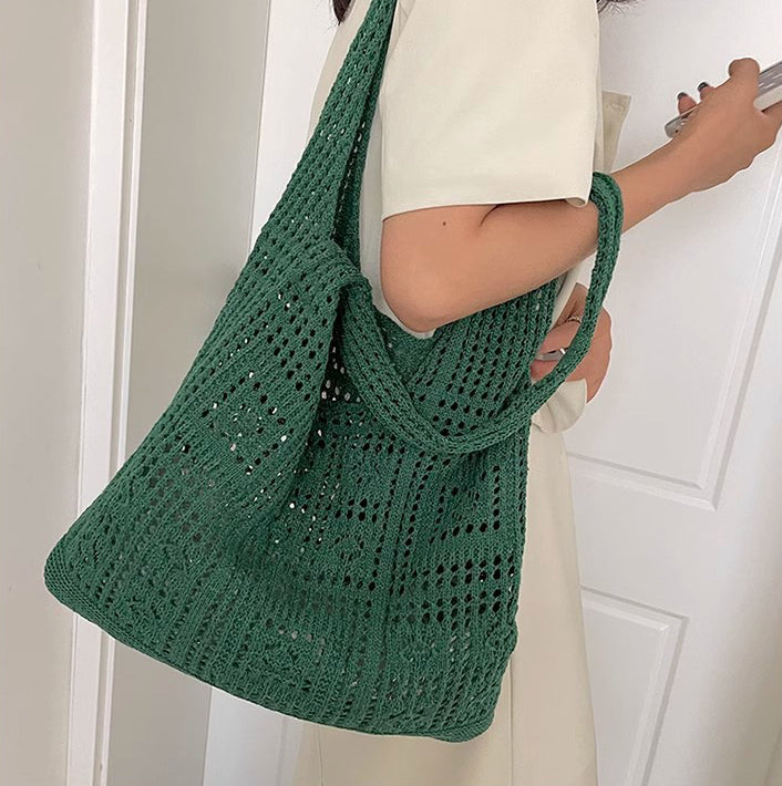 Green Solid Two Handles Handheld Bag