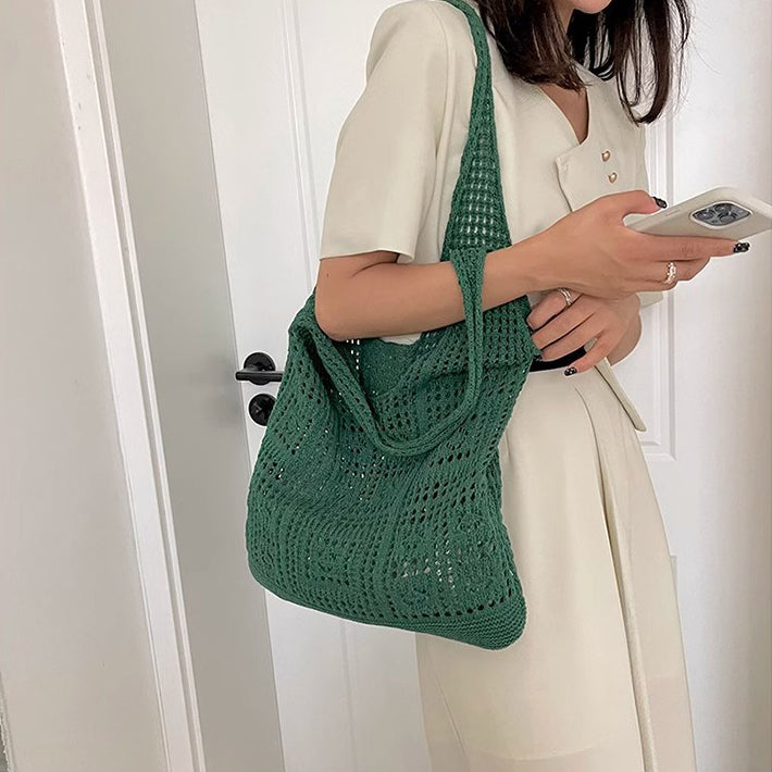 Green Solid Two Handles Handheld Bag