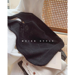 Black Solid Two Handles Handheld Bag