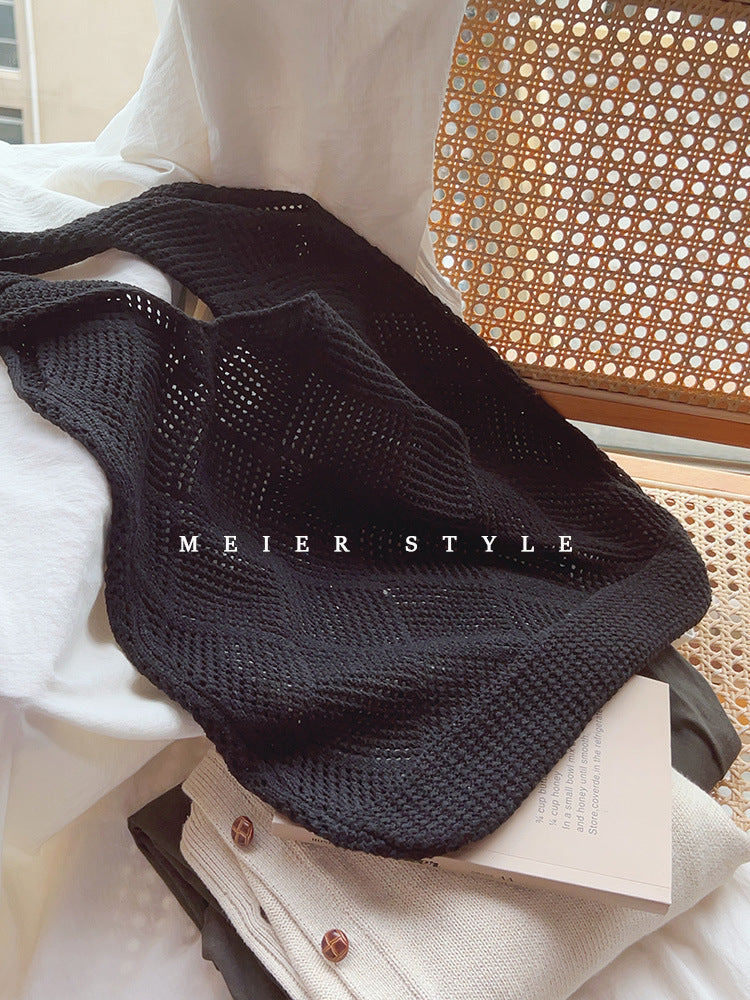 Black Solid Two Handles Handheld Bag
