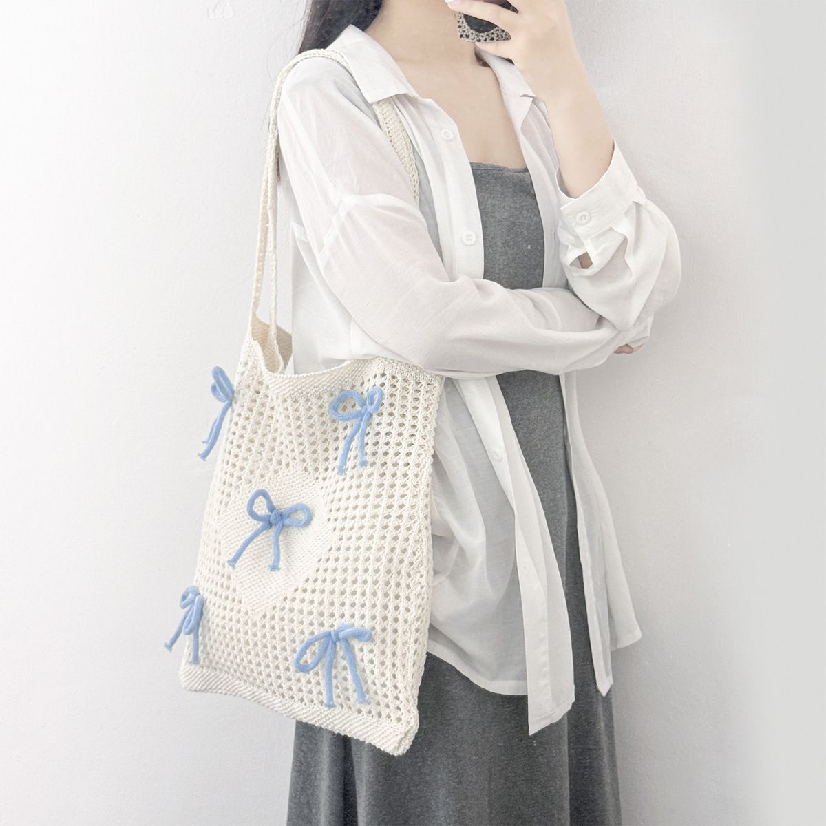 Blue Solid Two Handles Handheld Bag