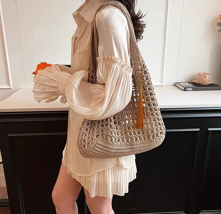 Khaki Solid Two Handles Handheld Bag