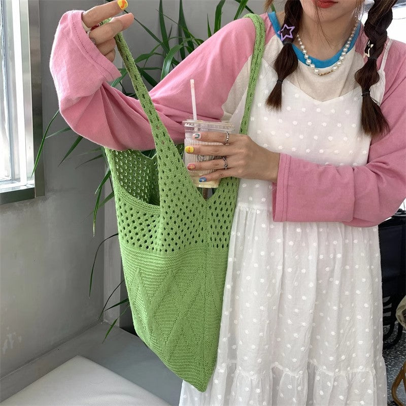 Green Solid One Handle Handheld Bag