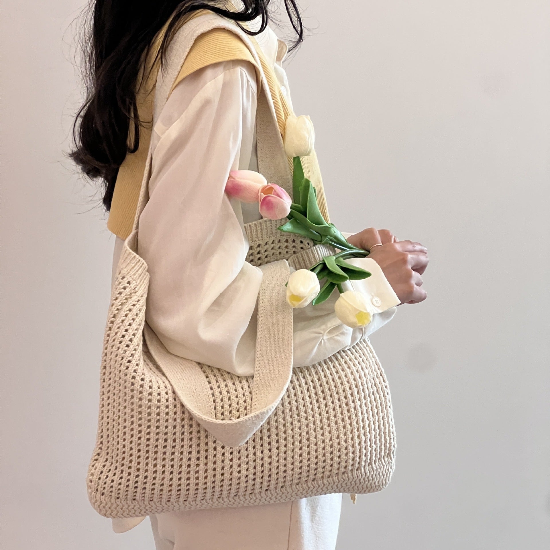 Beige Solid One Handle Tote Bag