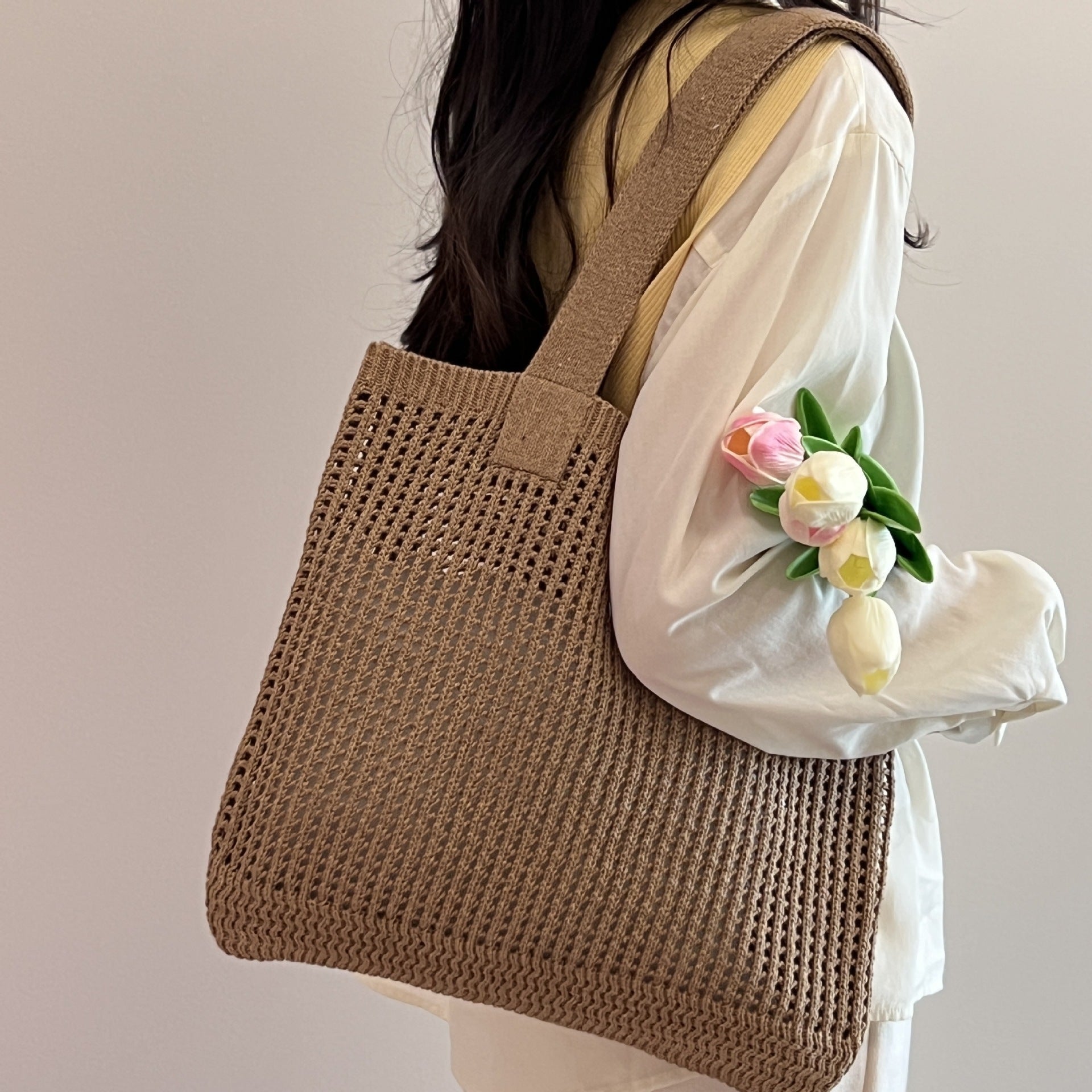 Brown Solid One Handle Tote Bag