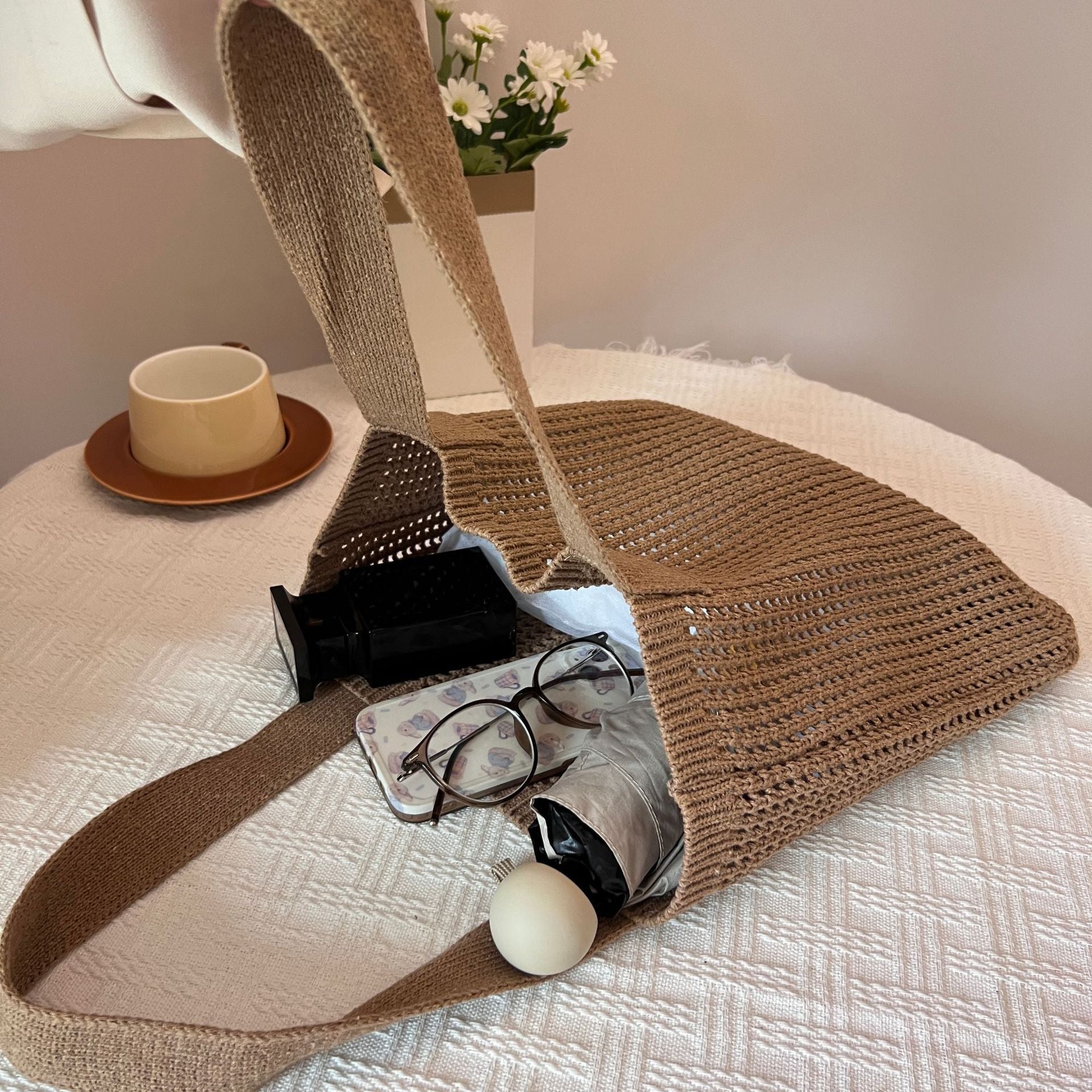 Brown Solid One Handle Tote Bag