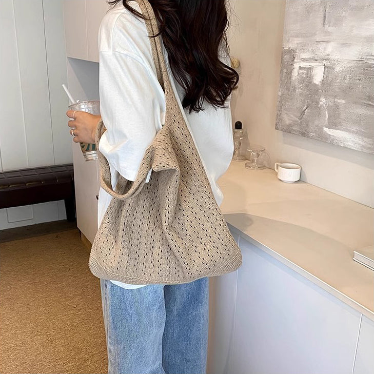 Khaki Solid Two Handles Handheld Bag