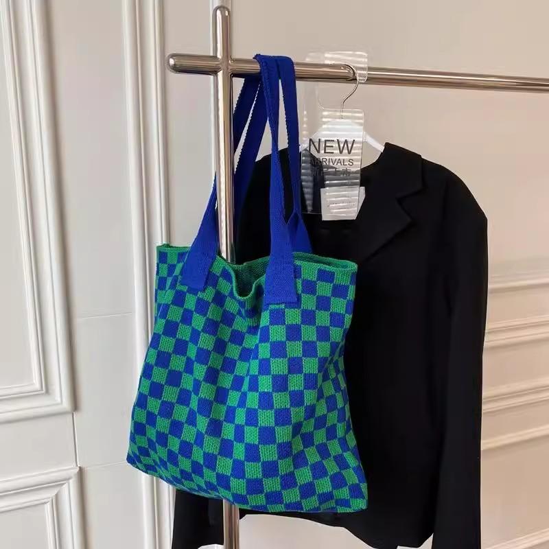 Blue Checked Two Handles Shoulder Bag