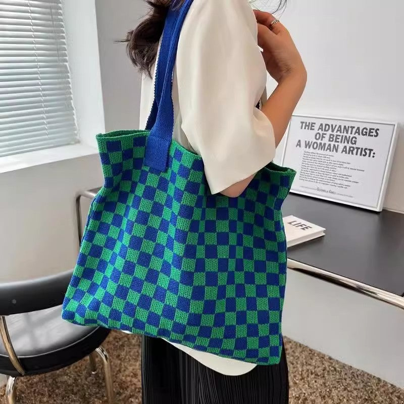 Blue Checked Two Handles Shoulder Bag