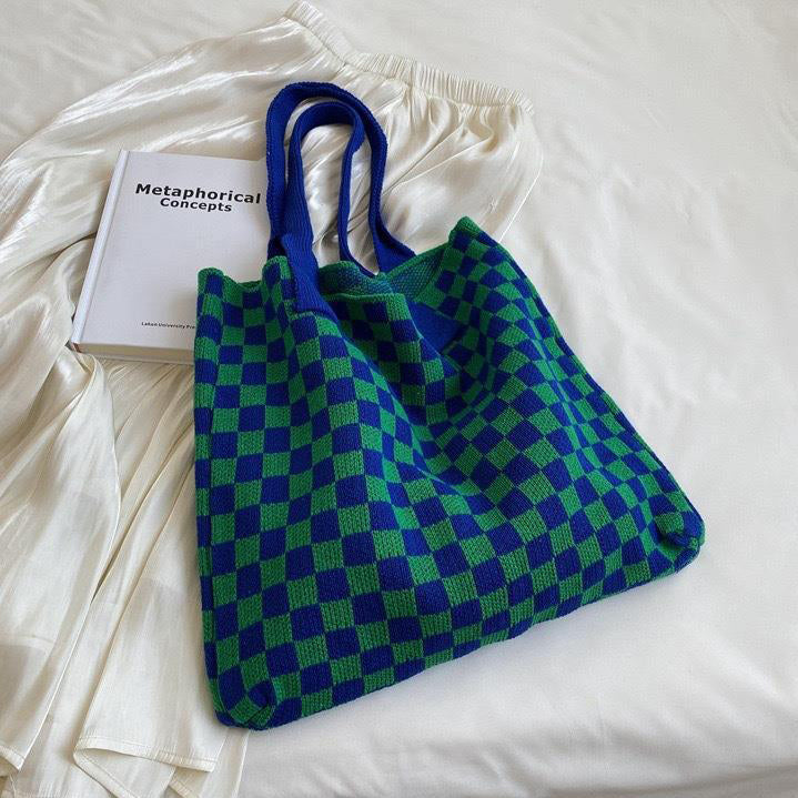 Blue Checked Two Handles Shoulder Bag