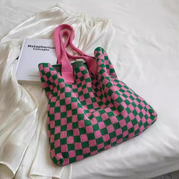 Pink Checked Two Handles Shoulder Bag