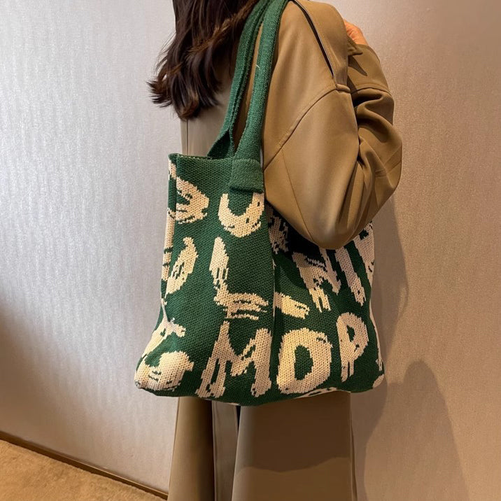 Green Printed Two Handles Shoulder Bag