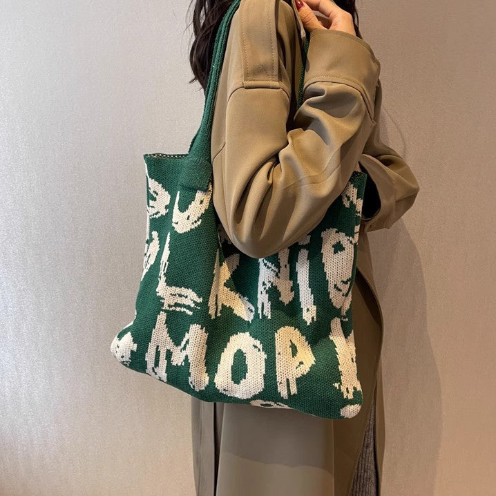 Green Printed Two Handles Shoulder Bag
