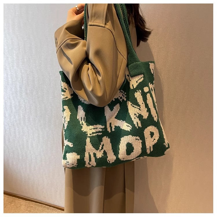 Green Printed Two Handles Shoulder Bag