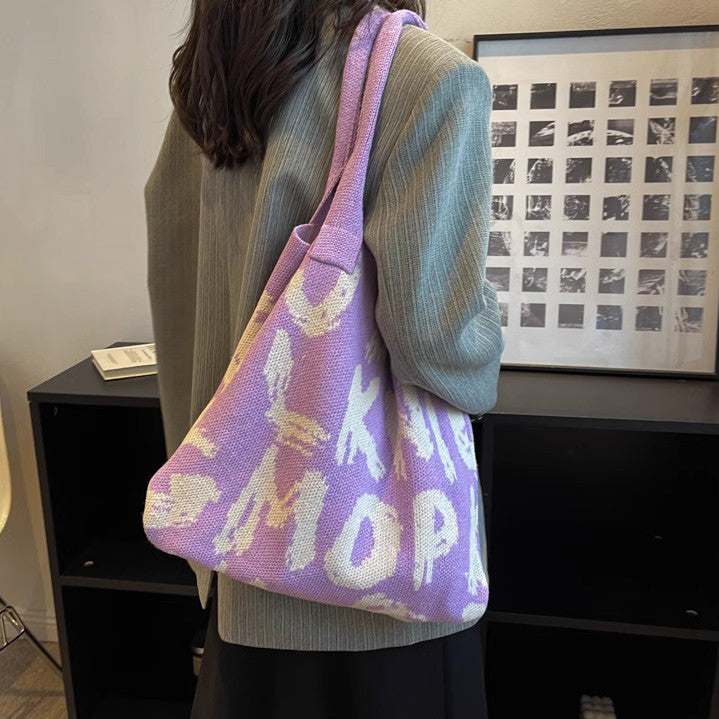 Purple Printed Two Handles Shoulder Bag