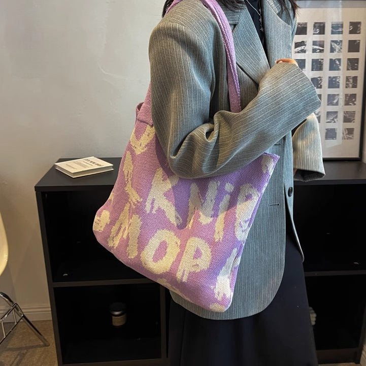 Purple Printed Two Handles Shoulder Bag