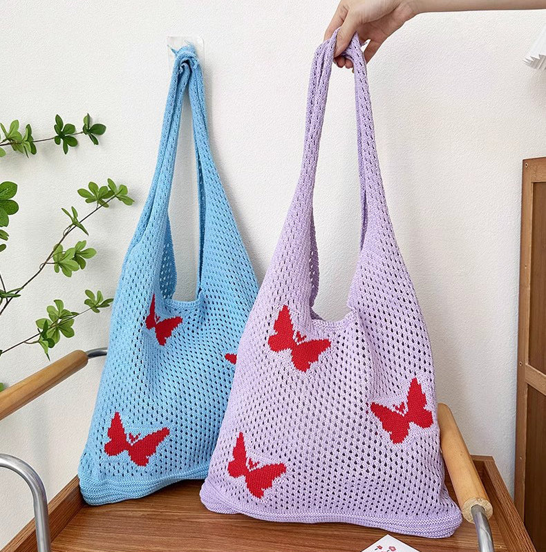 Blue Printed Two Handles Shoulder Bag