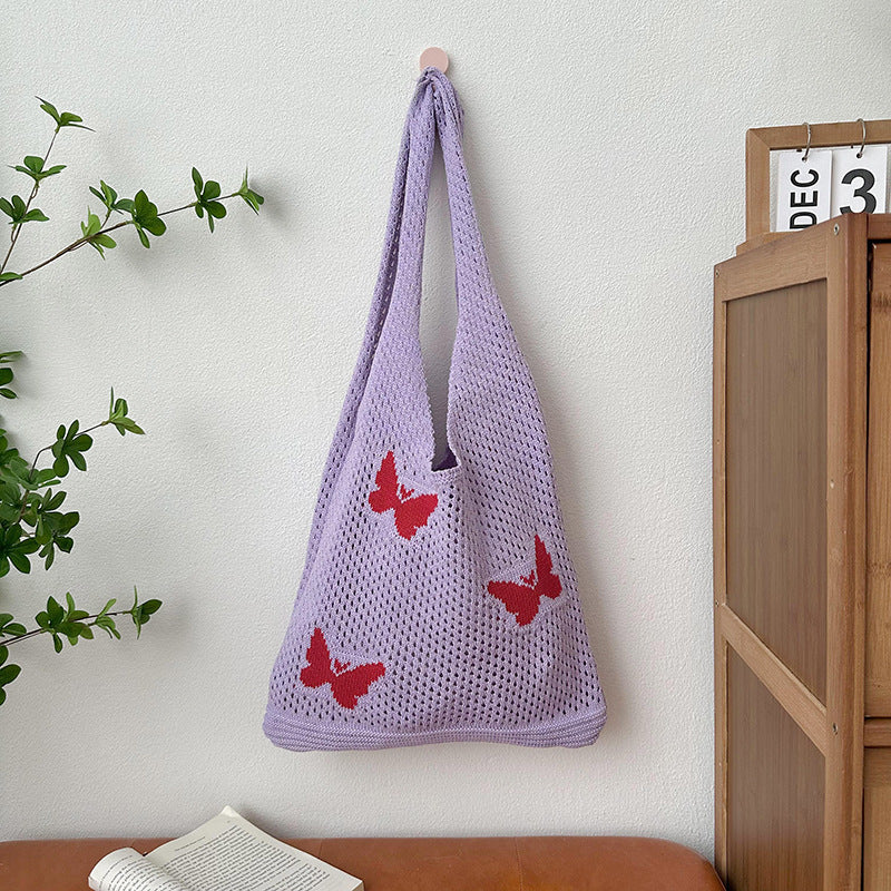 Purple Printed Two Handles Shoulder Bag