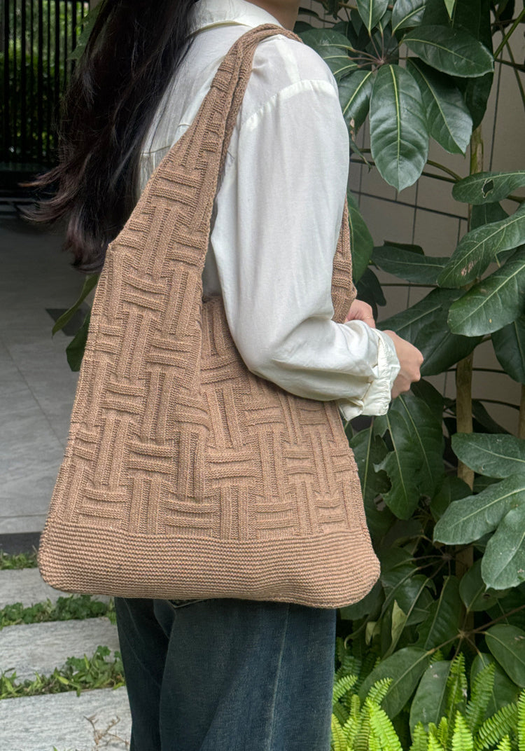 Coffee Textured Two Handles Shoulder Bag