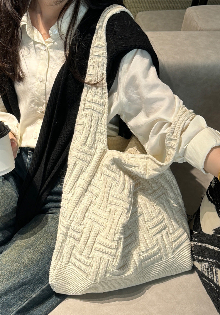 Beige Textured Two Handles Shoulder Bag