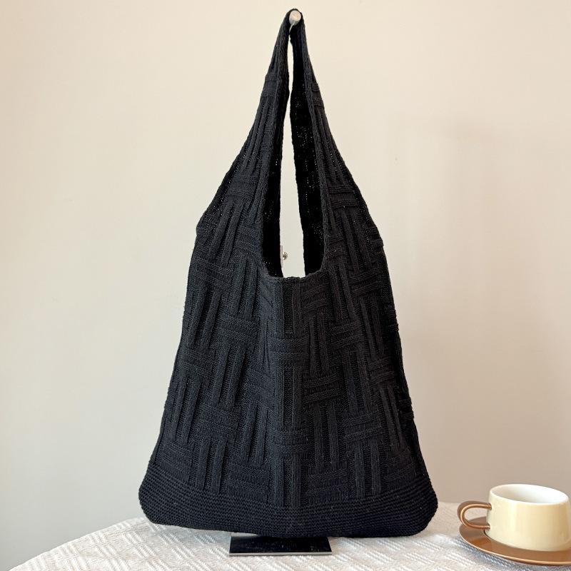 Black Textured Two Handles Shoulder Bag