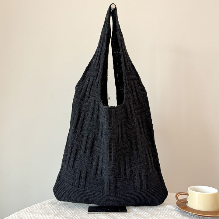 Black Textured Two Handles Shoulder Bag