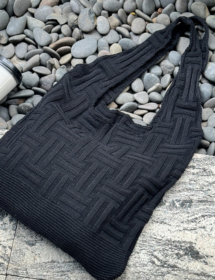 Black Textured Two Handles Shoulder Bag