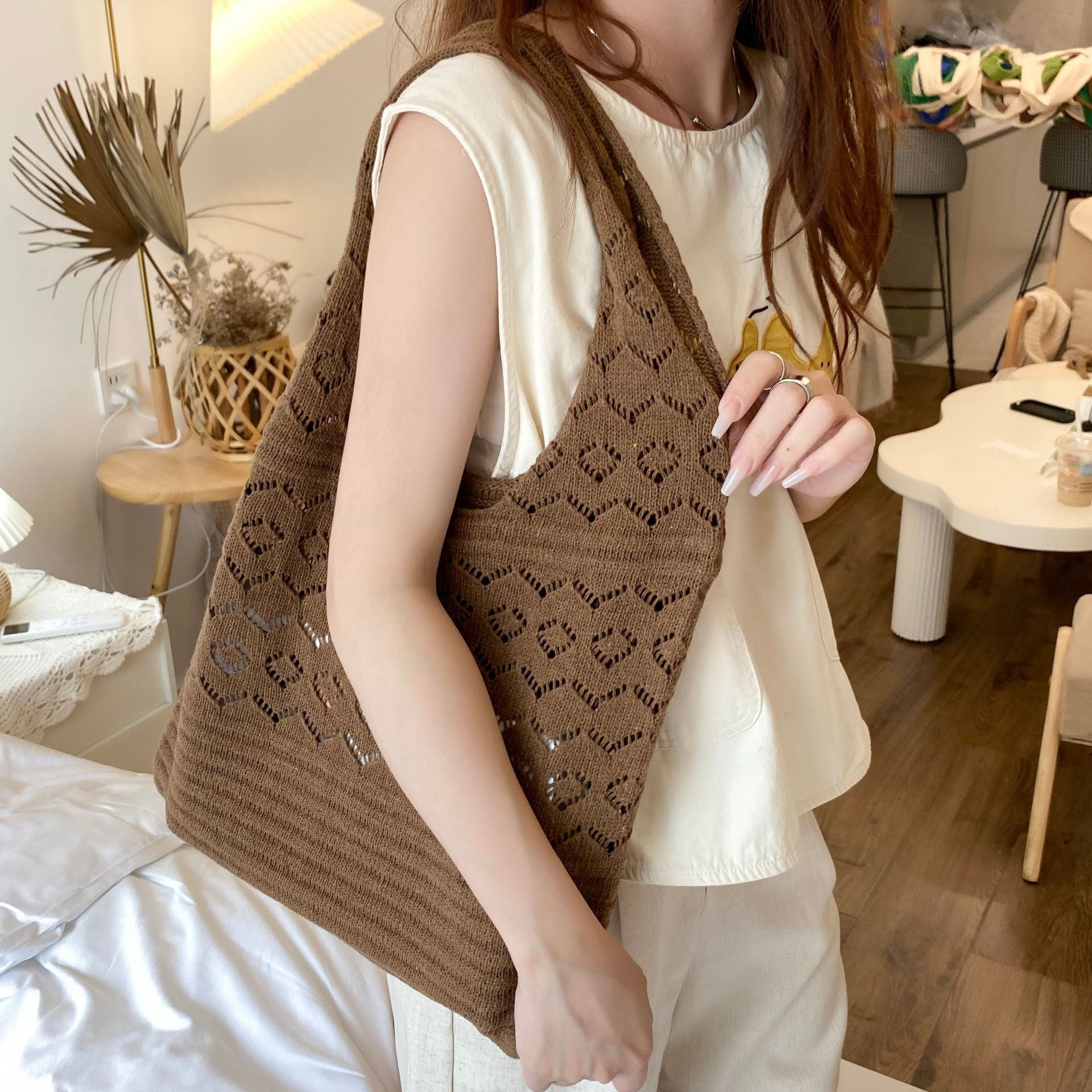 Coffee Textured Two Handles Shoulder Bag