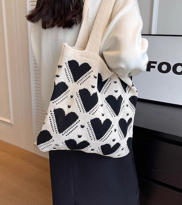 White Printed Two Handles Shoulder Bag